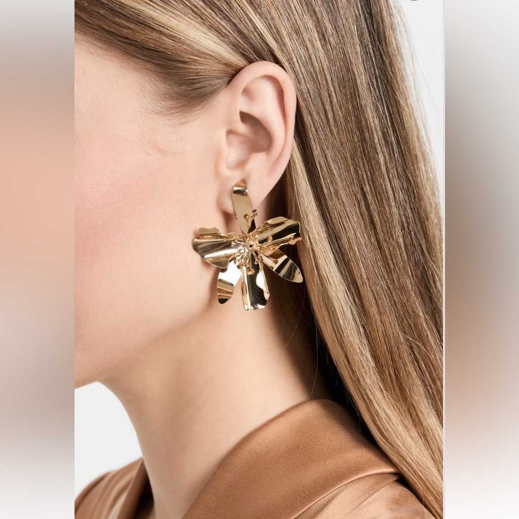 Carolina Herrera Gold Orchid Earrings Giftable W/ Dust Bag, Box And Card